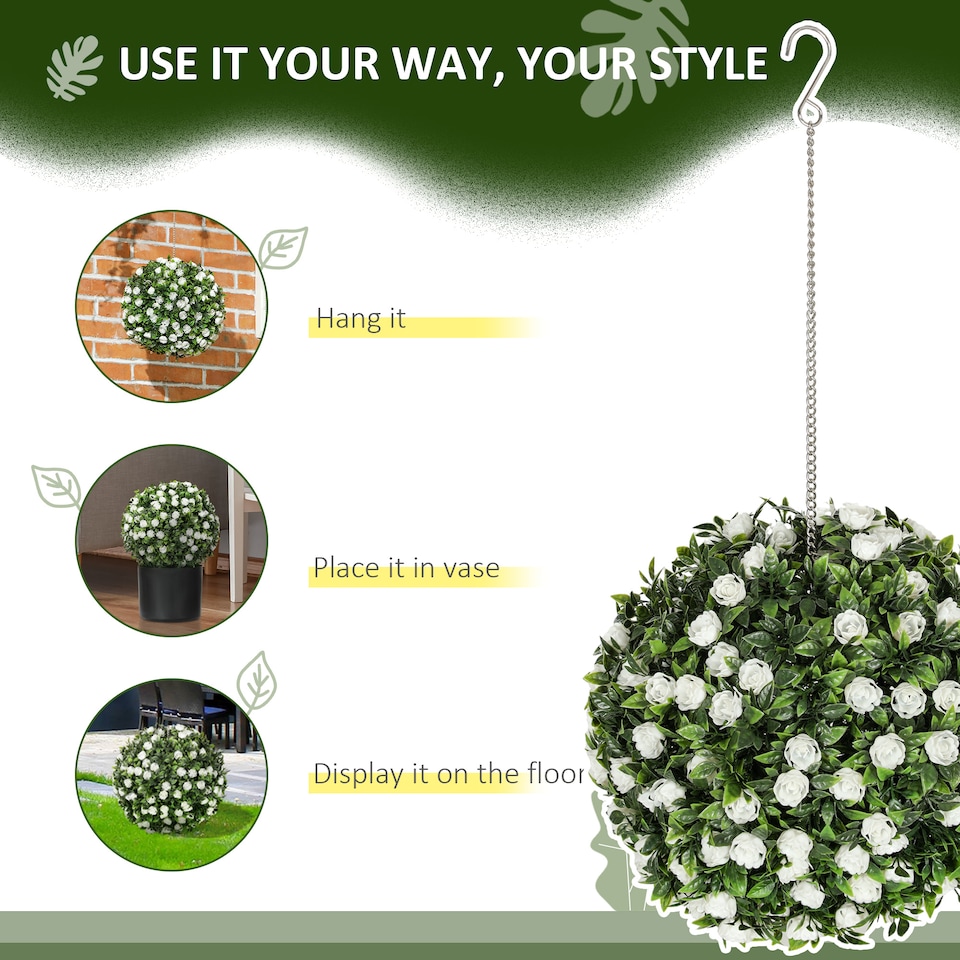 image 1 of HOMCOM Set of 2 Decorative Artificial Plants, UV-protected Artificial Plant Topiary Rose Balls, Fake Plants for Home Indoor outdoor Decor, 28cm, White
