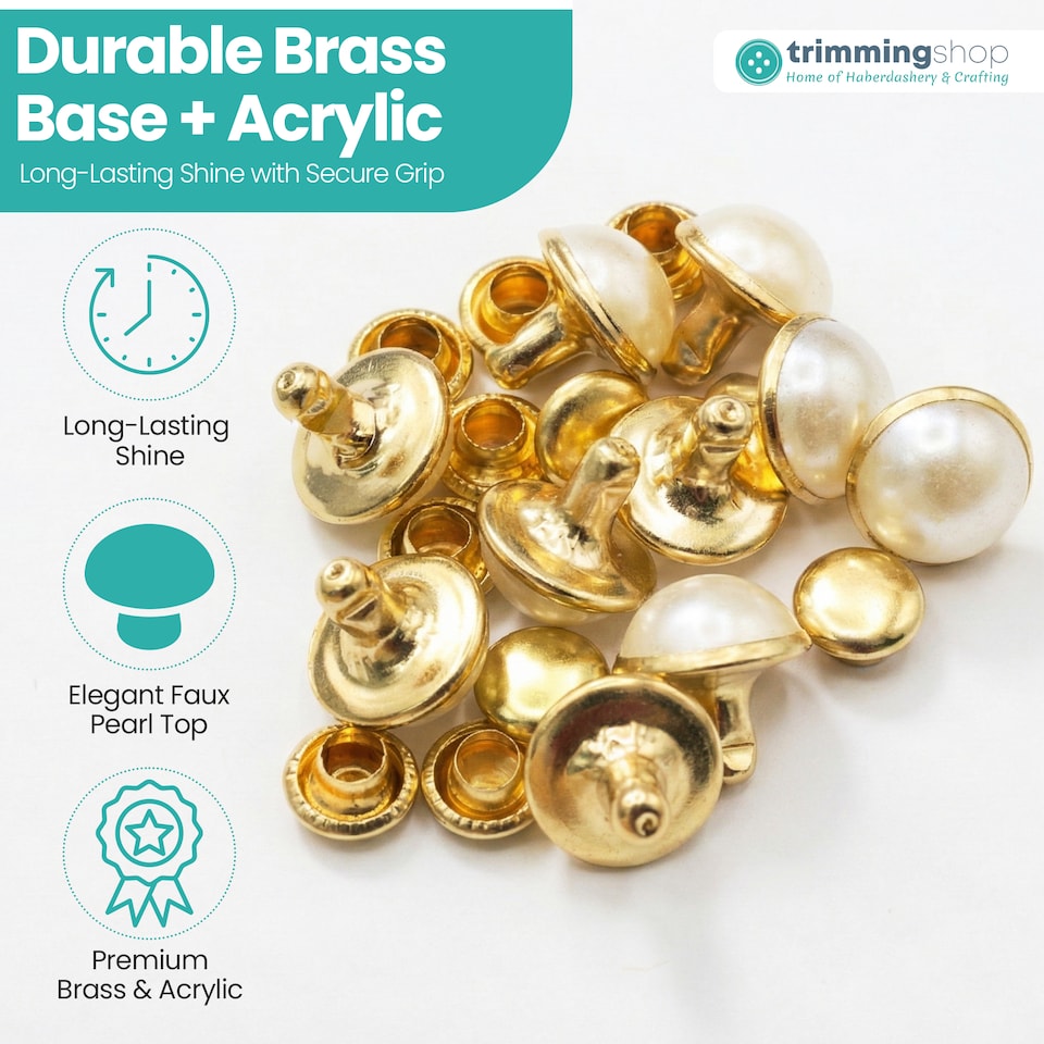 image 1 of 10.5mm Faux Pearl Rivets, Gold Pearl Stud Embellishments - 10pcs