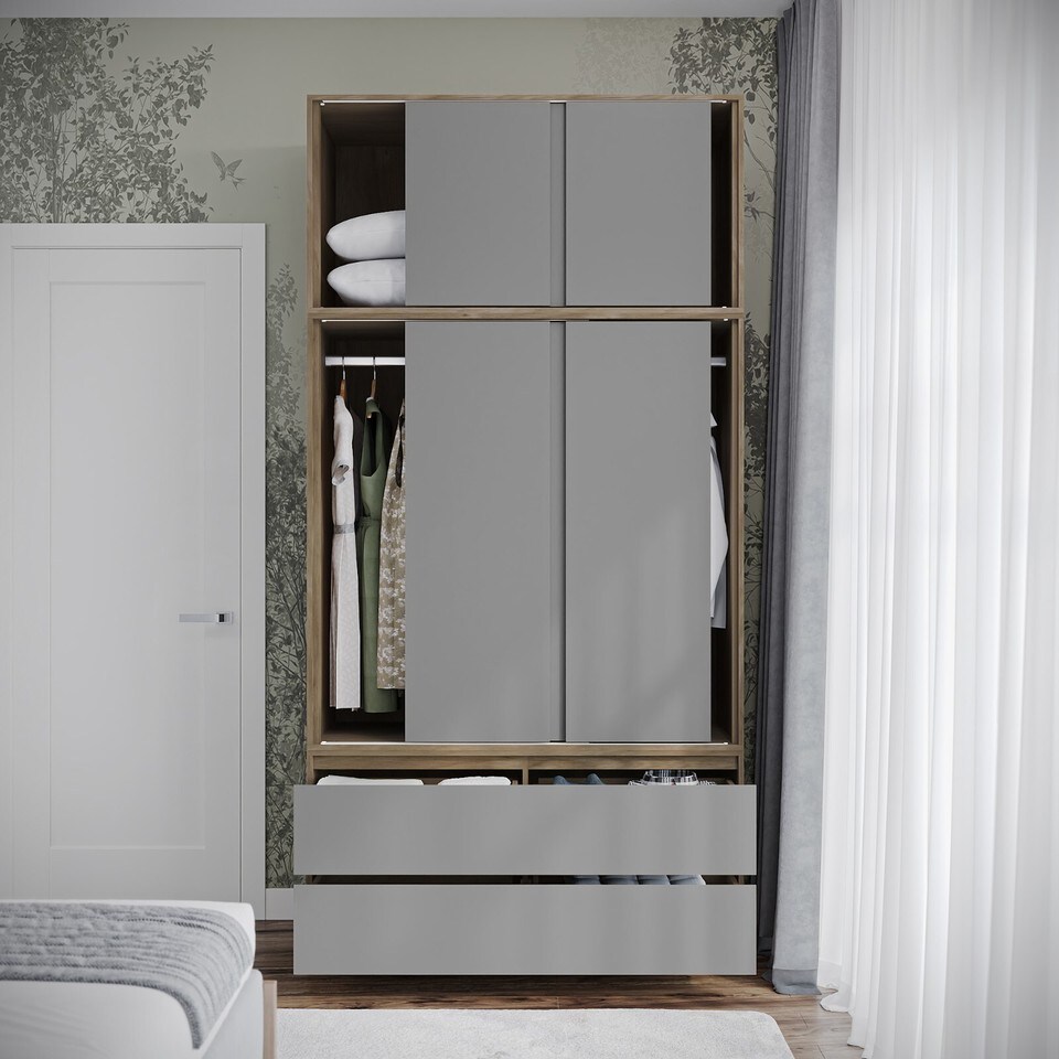 image 1 of 120cm 3 Sliding Doors Children Kids Wardrobe Bedroom Storage Closet Hanging Rail | Multi | Oak with Grey Doors | 1