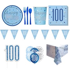 Blue Glitz 100th Birthday 8 Person Deluxe Party Pack