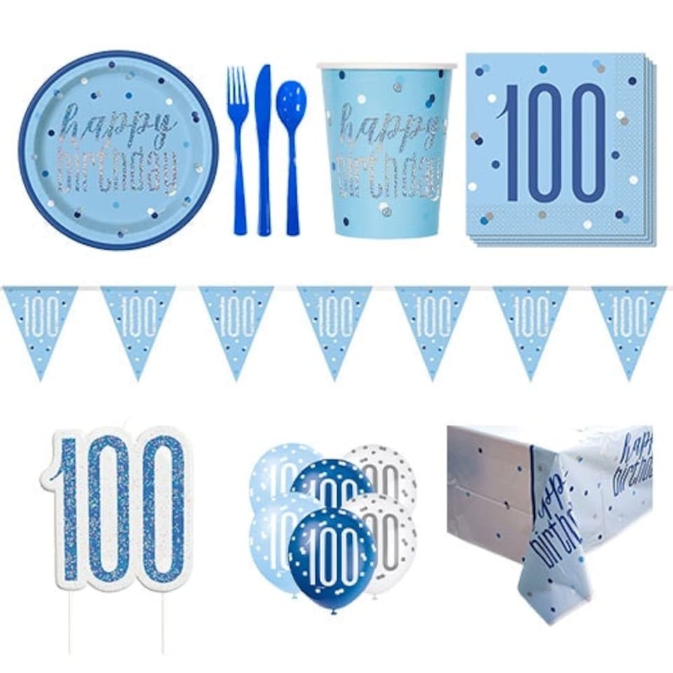 Blue Glitz 100th Birthday 8 Person Deluxe Party Pack