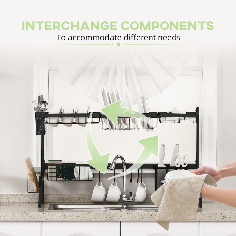 image 1 of HOMCOM Large Dish Drainer Rack Over The Sink, 2 Tier Adjustable Dish Drainer 51-93cm, Space Saving Kitchen Counter Shelf Organiser, Black