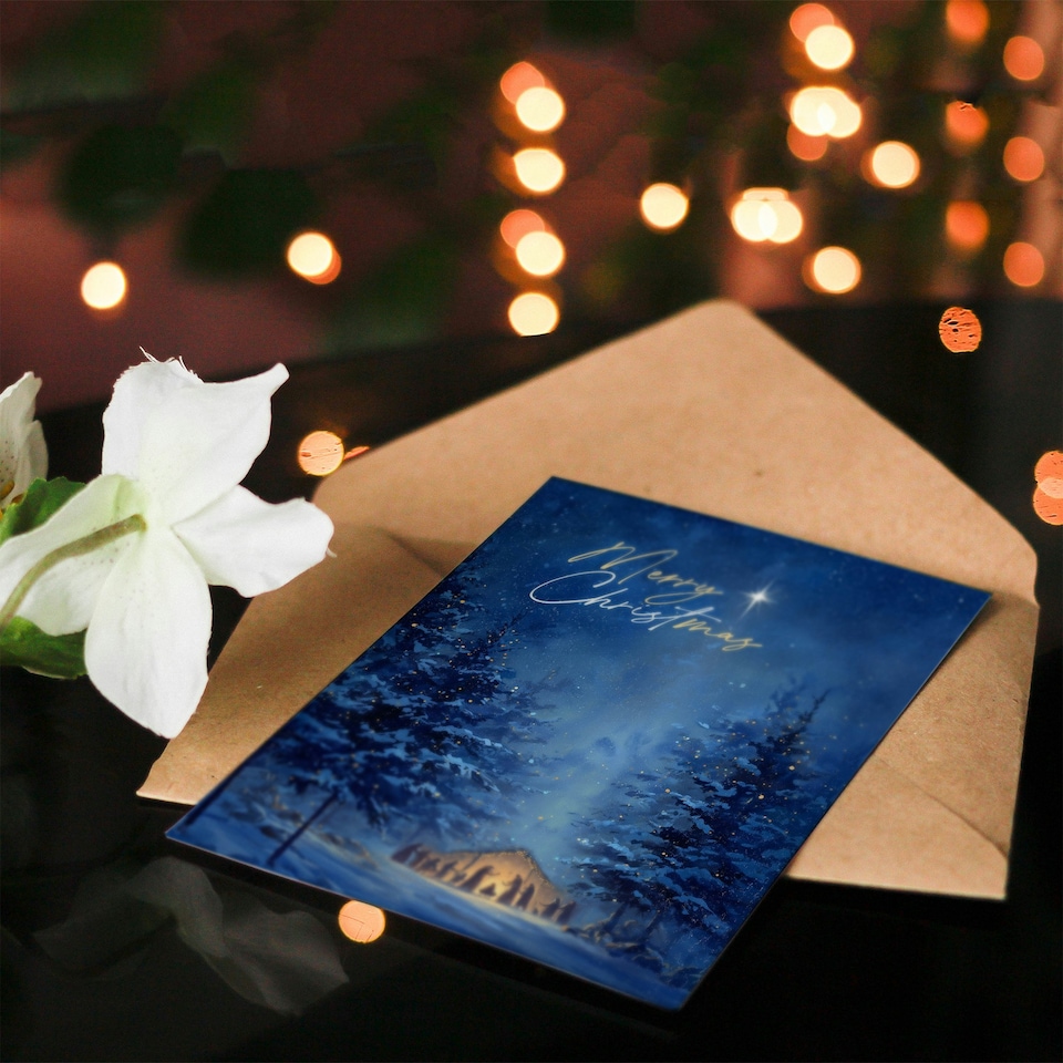 image 1 of Christmas Card Nativity Scene in Snowy Winter Pine Tree Forest
