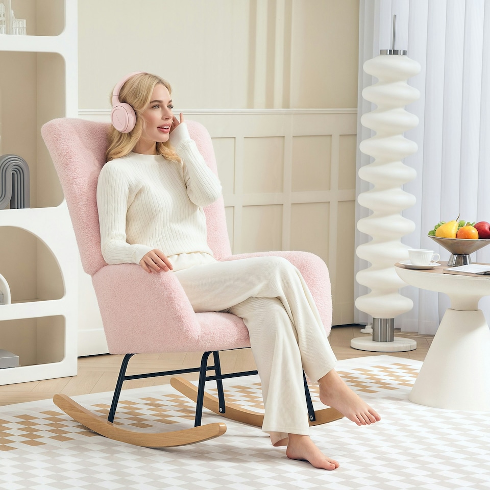 image 1 of HOMCOM Rocking Chair, Modern Armchair with Backrest for Bedroom, Light Pink Cream