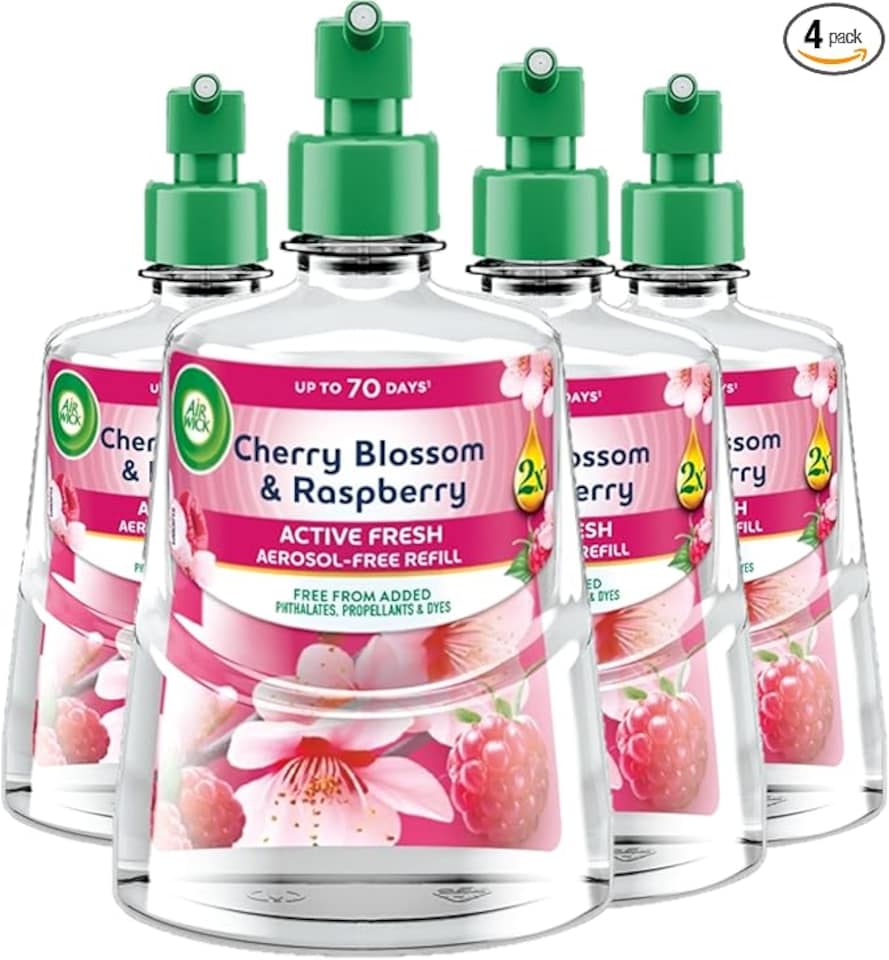 Air Wick Cherry Blossom & Raspberry Aerosol-Free Automatic Spray Refill 228ml, Pack of 4, Lasts up to 70 Days, Air Freshener