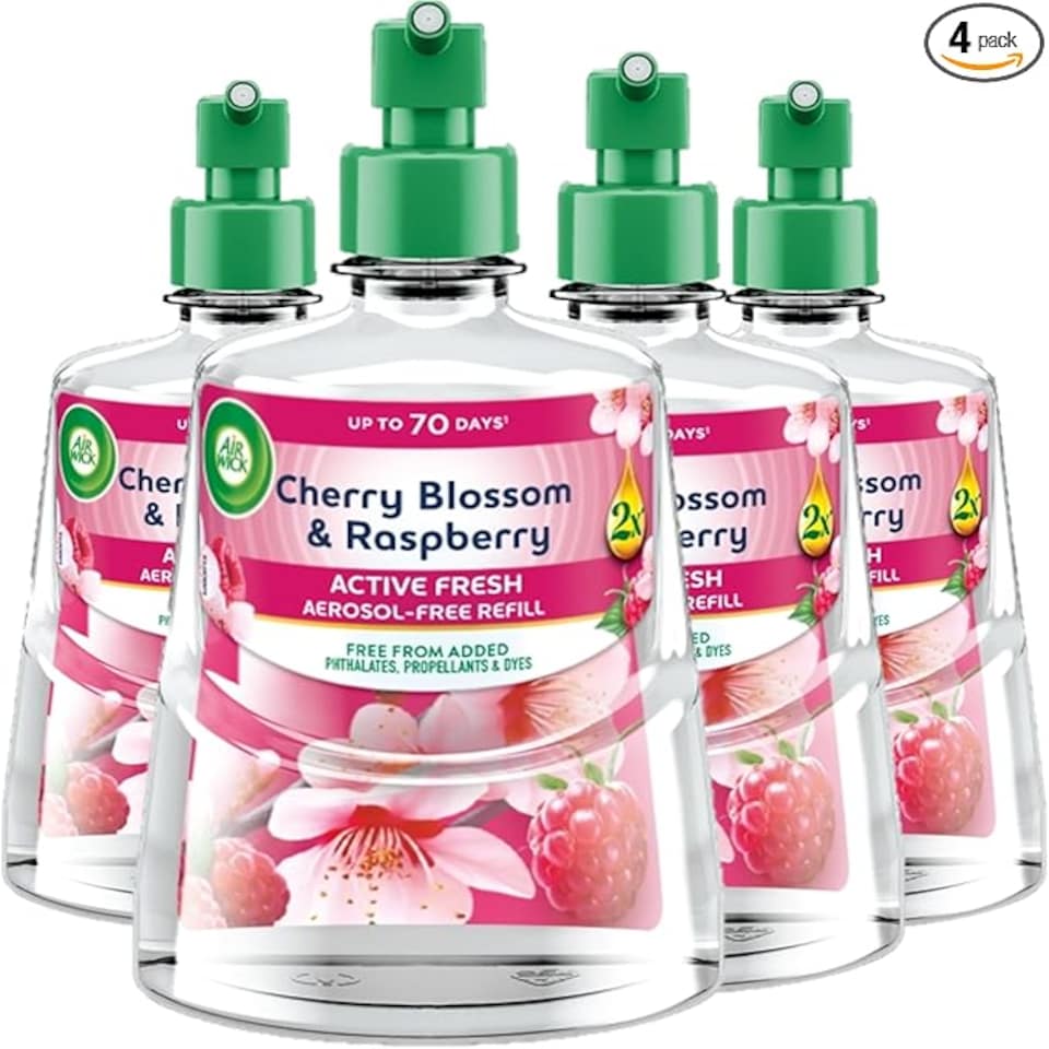 Air Wick Cherry Blossom & Raspberry Aerosol-Free Automatic Spray Refill 228ml, Pack of 4, Lasts up to 70 Days, Air Freshener