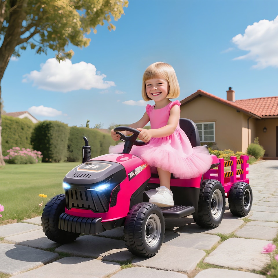 image 1 of AIYAPLAY Ride on Tractor with Trailer, 12V Electric Vehicle with Remote Control, Ride on Car for Kids with Music, Shifter, Start-Up Sound for Ages 3-8 Years | Pink