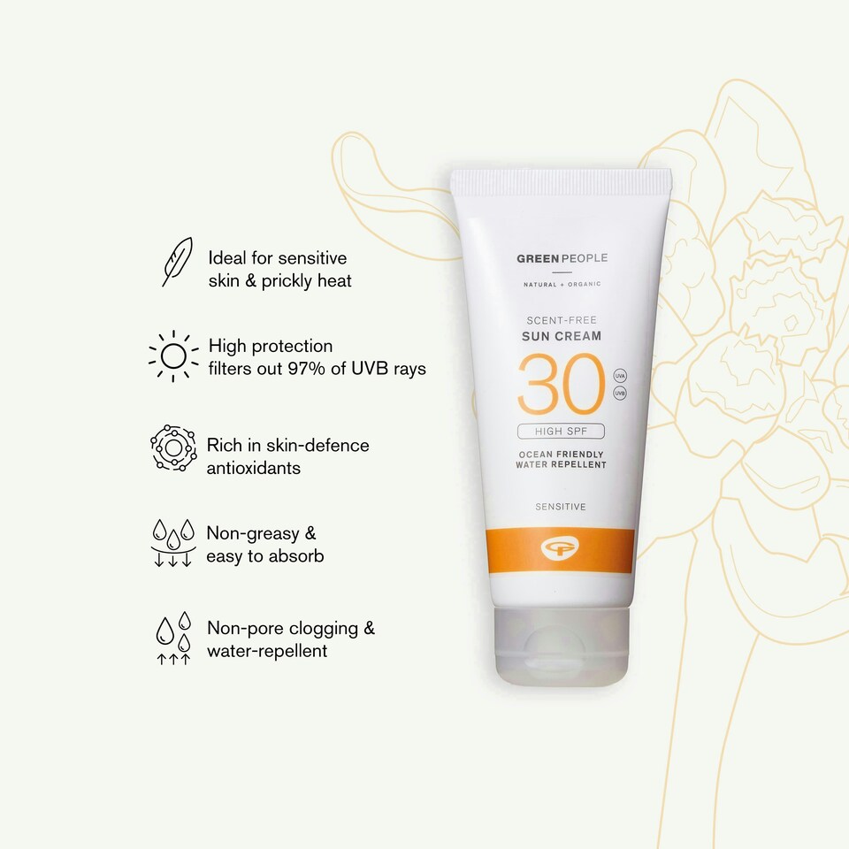 image 1 of Green People Scent Free Sun Cream SPF30 - Travel Size Sunscreen - For Sensitive Skin & Prickly Heat - Reef Safe & Cruelty Free, 100ml