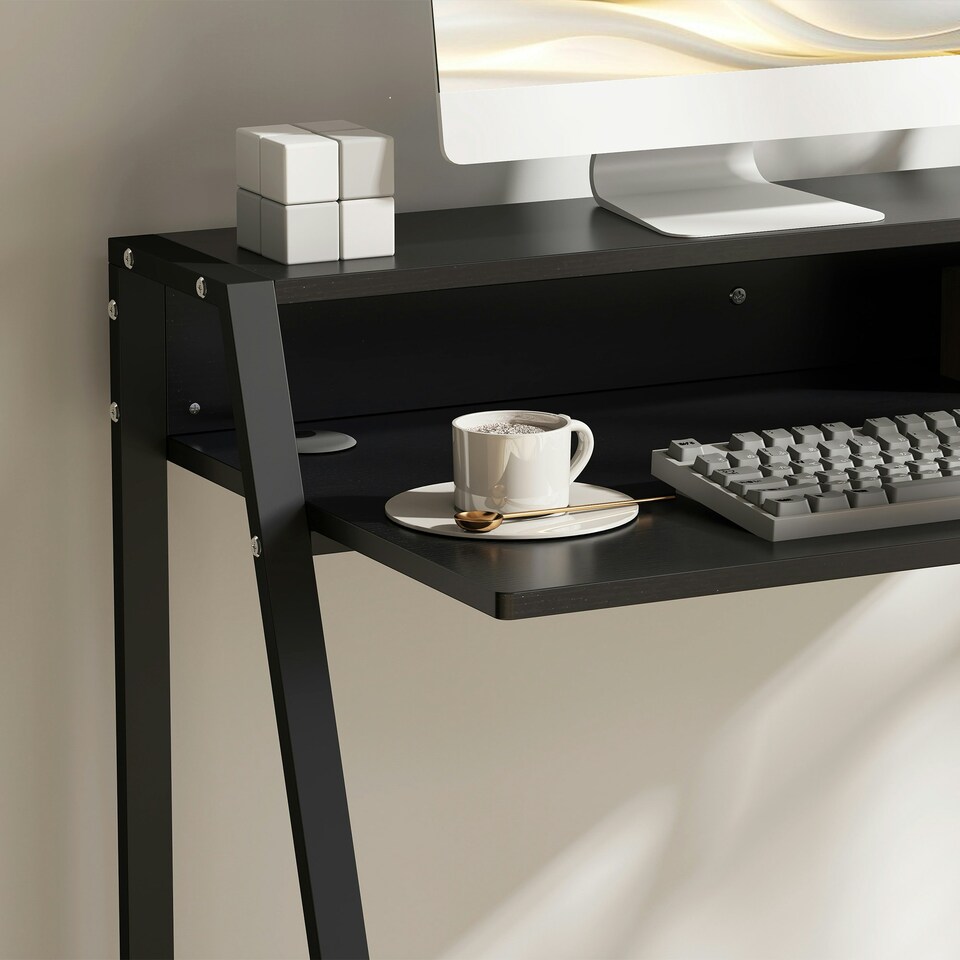image 1 of HOMCOM 2-Tier Storage Computer Workstation with Shelf, Metal Frame Black