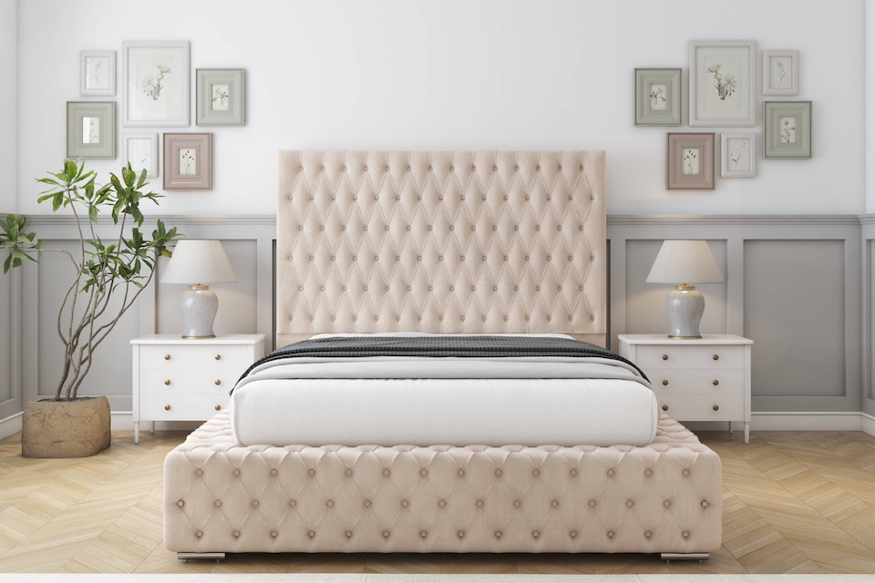 image 1 of Sloomy Ambassador Sand Naples Bed Frame With Mattress With 50"  Upholstered Headboard 4'6 Double
