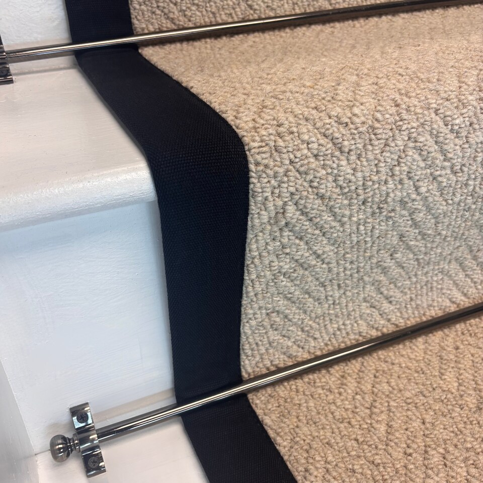 image 1 of Herringbone Royal Sterling Wool Stair Runner with 100% Cotton Black Border 50cm x 600cm