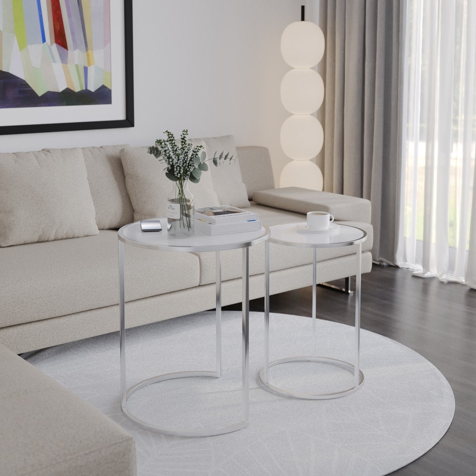image 1 of 2 Piece Round Nesting Side Tables Set Tempered Glass Top Metal Leg Coffee Tables | Multi | Chrome Legs White Glass
