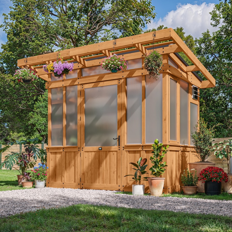 image 1 of Backyard Discovery Poppy Cedar Wood Polycarbonate Greenhouse with Pergola Front and Powerport 2.7m x 1.7m (9ft x 6ft)