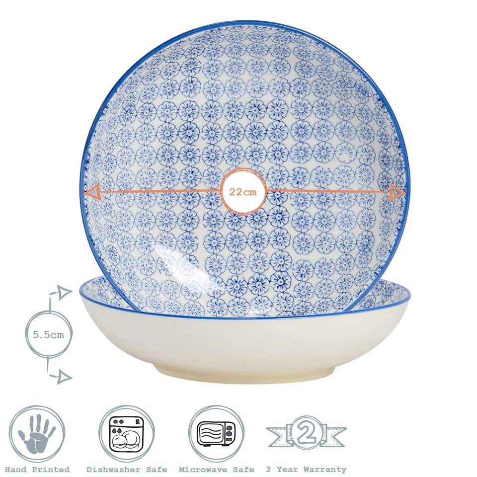 image 1 of Nicola Spring Hand-Printed Pasta Bowls - 22cm - Navy - Pack of 6 Blue