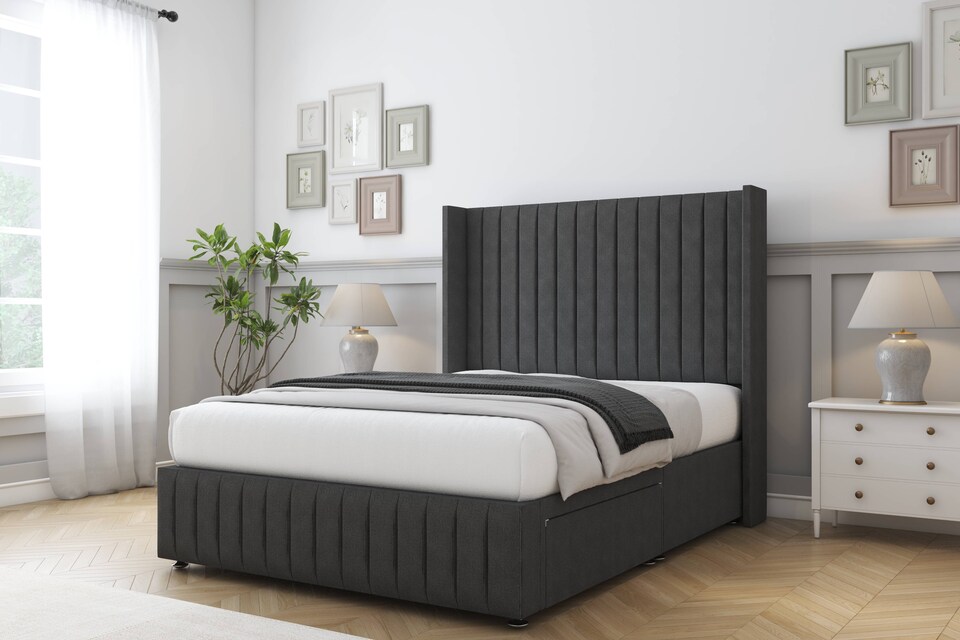 image 1 of Sloomy Marlborough Graphite Dumfries Divan Bed Base 2 Drawers Foot-End With 54 Inch Wingback Headboard & 12 Inch Matching Footboard | Grey | Graphite | Small Double | 1