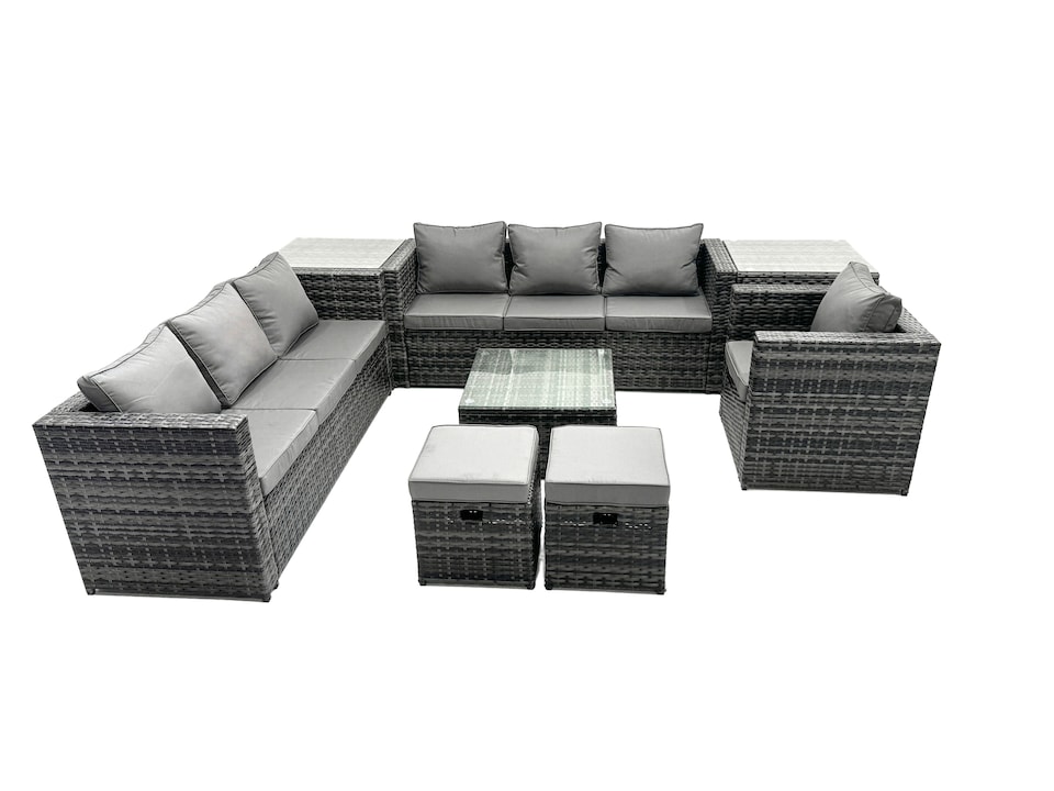 image 1 of Fimous Rattan Garden Furniture Dining Set 9-seater Patio Coffee Table Sofa Set with 2 Side Tables 2 Small Stools Dark Grey Mixed