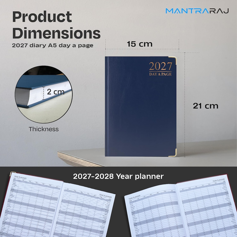 image 1 of MantraRaj 2027 Diary A5 Page A Day Padded Case Bound Desk Diary Office Organiser Planner Blue