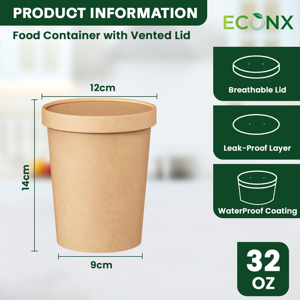 image 1 of ECONX 32oz Kraft Disposable Paper Soup Cups Food Containers with Lids Takeaway Tubs 100pc
