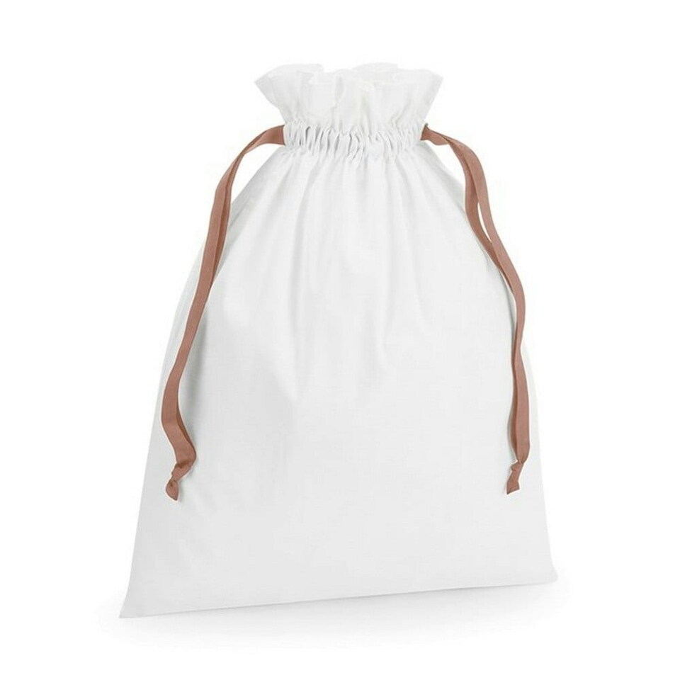 Westford Mill Ribbon Cotton Drawstring Gift Bag - Soft White/Rose Gold - 22cm x 15cm