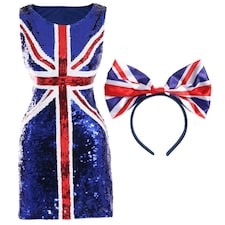 Union Jack Sequin Dress & Bow Headband | Blue | S