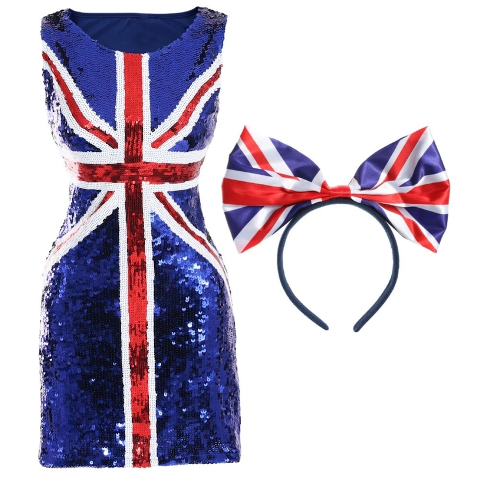 image 1 of Union Jack Sequin Dress & Bow Headband | Blue | S