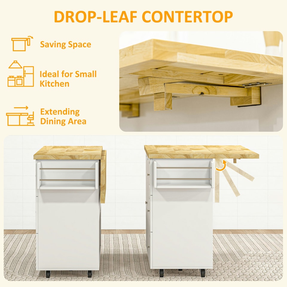 image 1 of HOMCOM Drop-Leaf Kitchen Island on Wheels Utility Storage Cart with Drawers