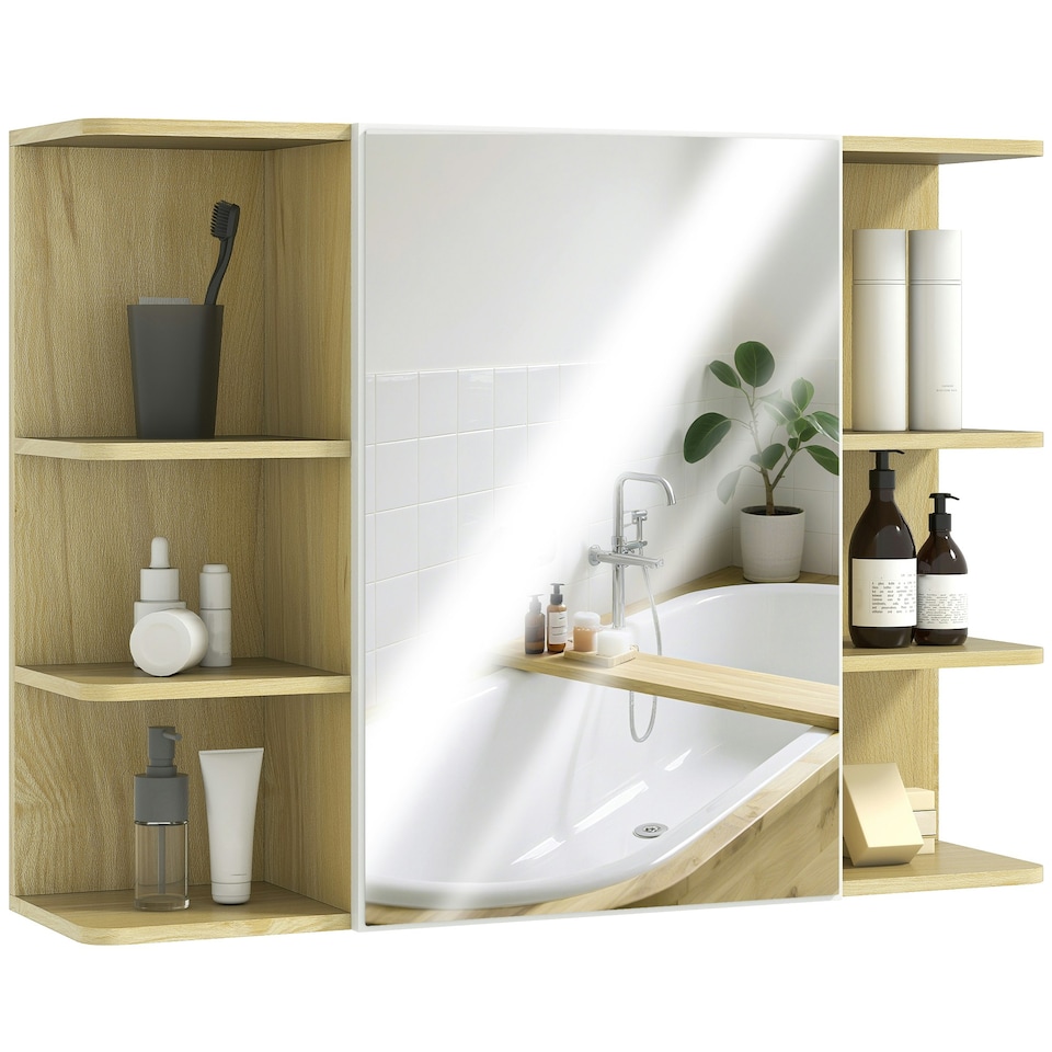 image 1 of HOMCOM Bathroom Wall Cabinet with Mirror and Open Storage Shelves Natural | Brown
