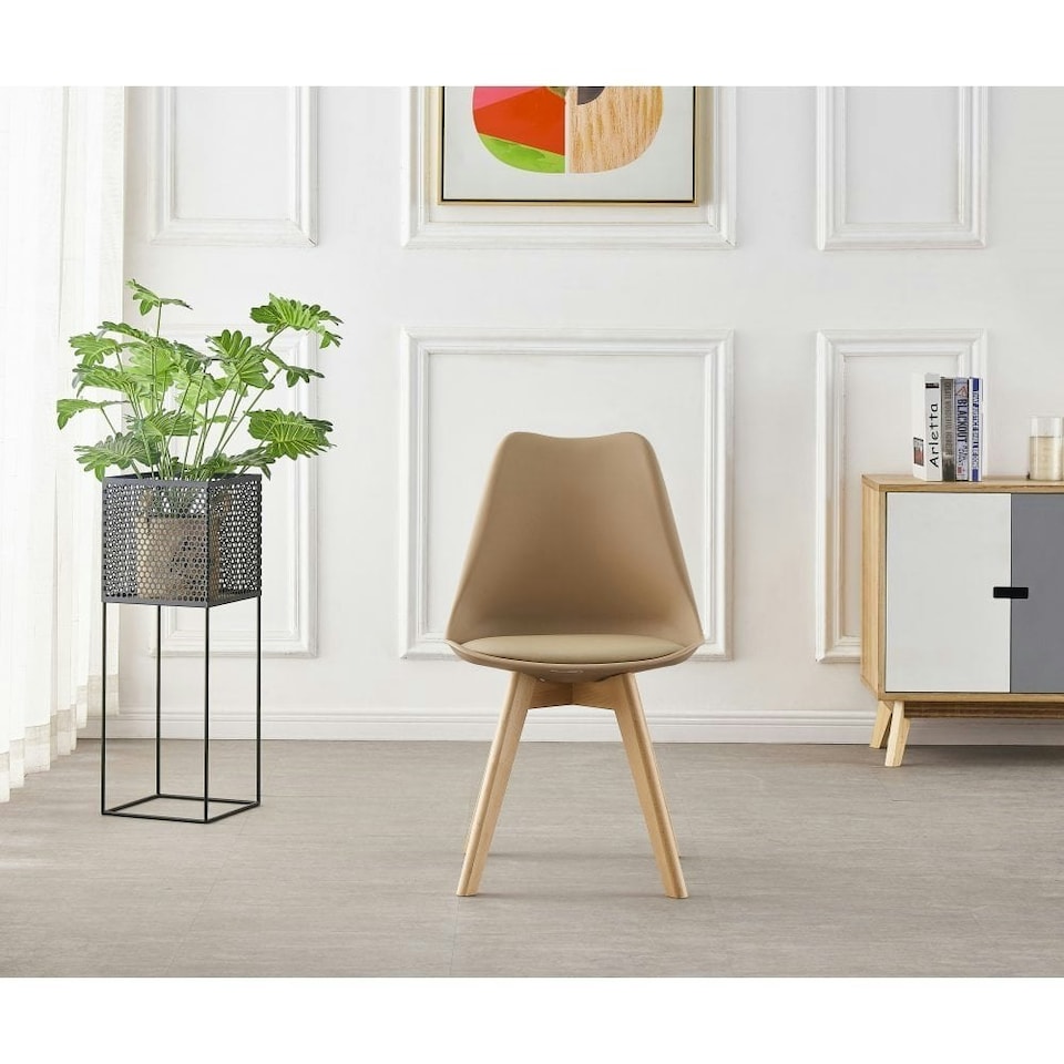 image 1 of Single Scandinavian Dining Chair with Leather Cushions Solid Wood Legs Bronze | Vanilla
