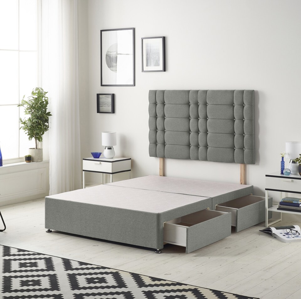 image 1 of Astoria Divan Bed Base with 2 Drawers & 30 Inch Diamante Headboard in Linen Fabric | Silver | Silver | Small Double