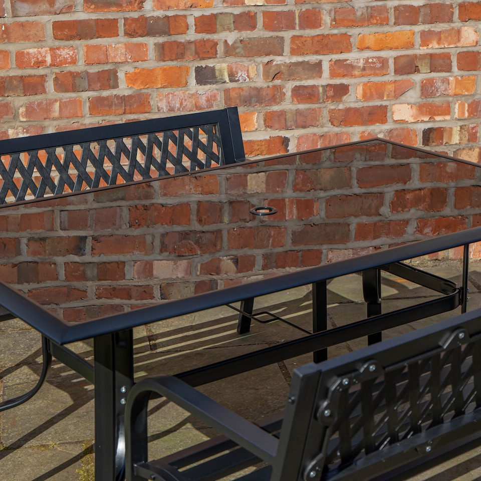 image 1 of Outdoor 4 Person Rectangular Glass Top Garden Dining Table Benches With Black Havana Parasol and Base Set