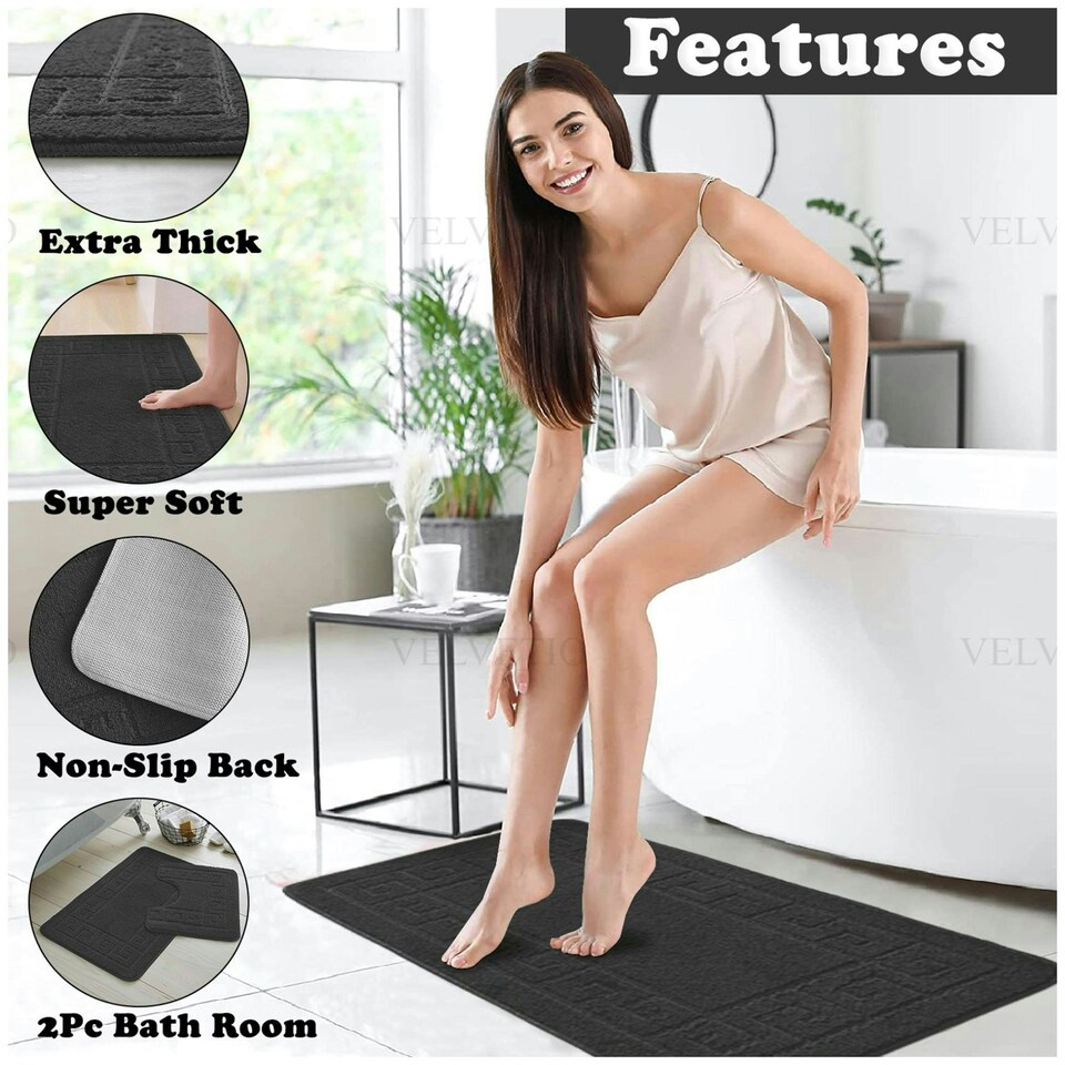 image 1 of VELVETIO Greek Bath Mat & Pedestal Mat Water Absorbent Non Slip Toilet Rugs Grey | Charcoal
