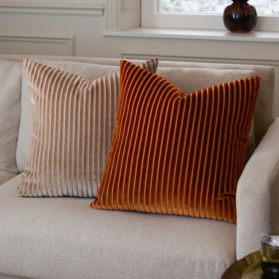 image 1 of Paoletti Savoy Stripe Velvet Cushion | Grey | Mink