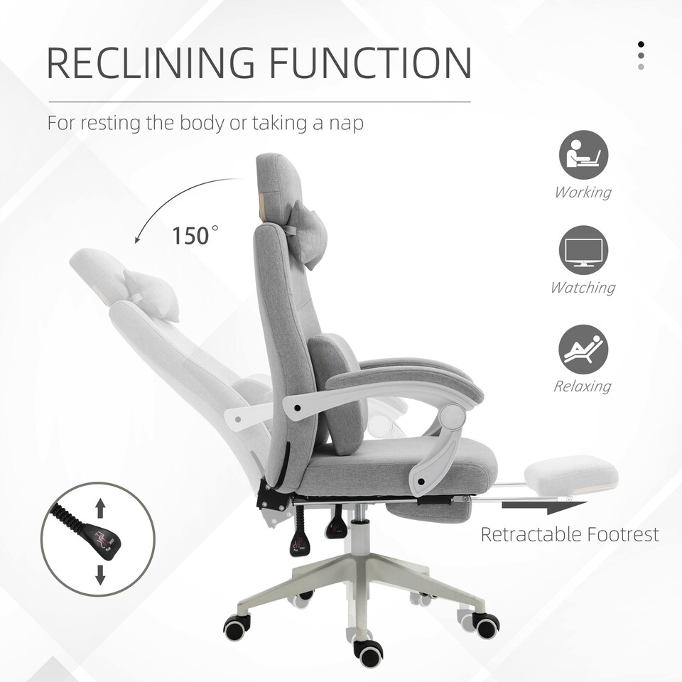 image 1 of Vinsetto Office Chair, Ergonomic Desk Chair, High Back Fabric Work Chair with 160 Reclining Backrest, Retractable Footrest, Neck and Lumbar Pillow for Home and Study, Grey
