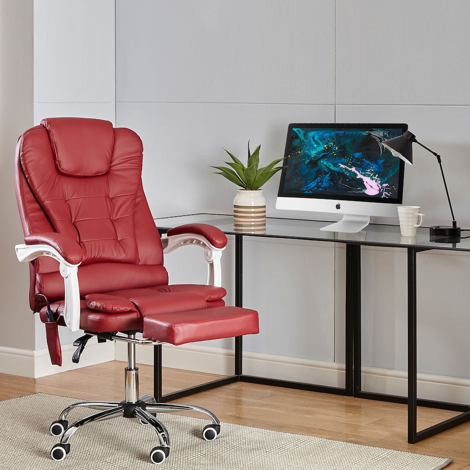 image 1 of Neo Office Chair Brown Faux Leather with Massage Function & Footrest | Red