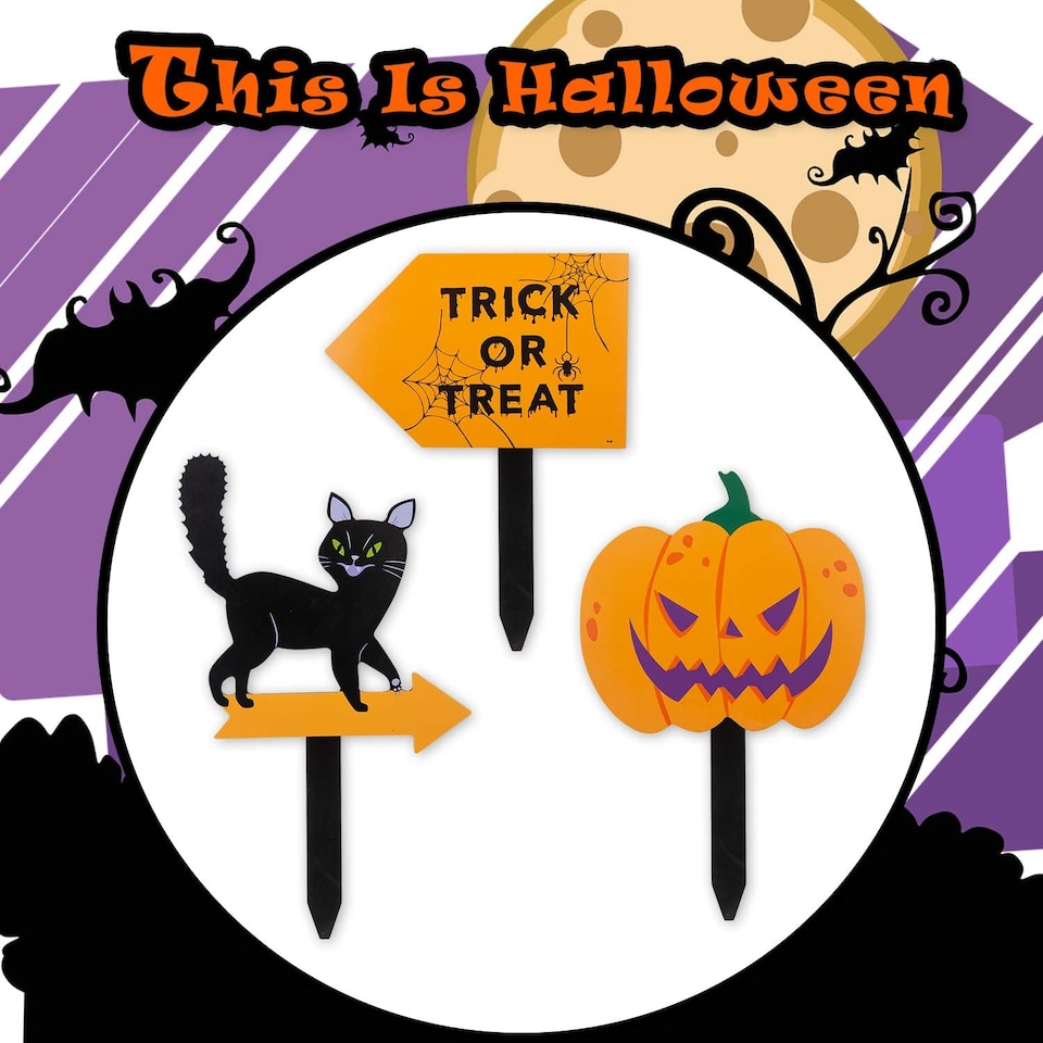 image 1 of vfm-estore Halloween Outdoor Stake Signs 3-Pack - Cat, Pumpkin, Trick or Treat