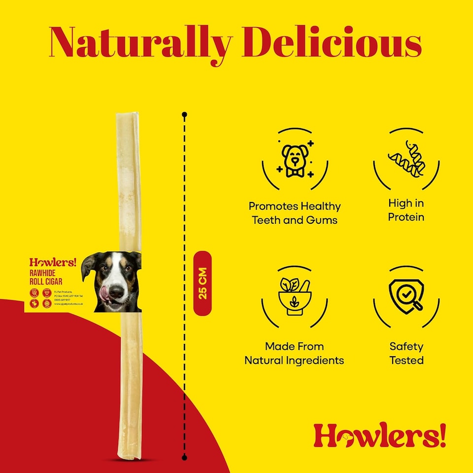 image 1 of Howlers 20 x  Natural Dog Rawhide Rolls Sticks Chews Treat Extra Long 25 cm