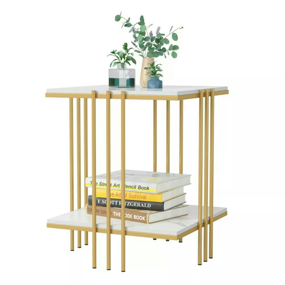 image 1 of 2 Tier Square Faux Marble Side Table Gold Gold