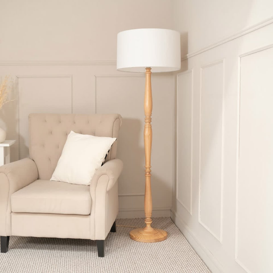 image 1 of ValueLights Victoria Light Wood Floor Lamp White Shade | Brown | White