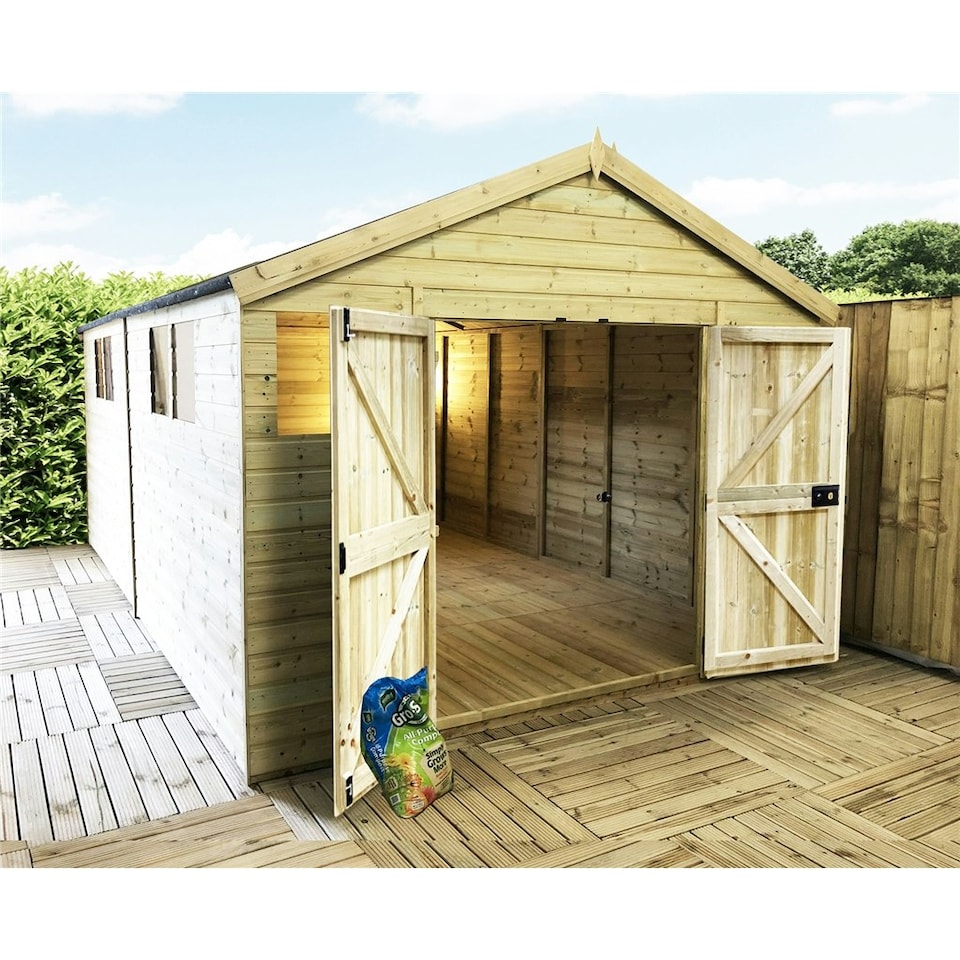 image 1 of 15 x 12 Pressure Treated T&G Apex Wooden Workshop / Garden Shed + Double Doors (15' x 12' / 15ft x 12ft) (15x12)