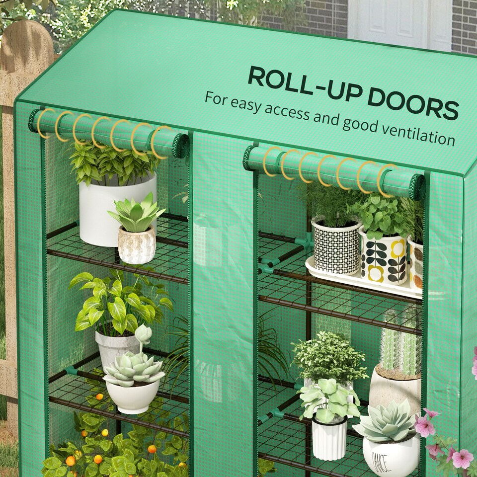 image 1 of Outsunny 3 Tier Lean-to Mini Greenhouse with Reinforced Plastic Cover, Portable Indoor Outdoor Green House with 2 Roll-up Doors and 6 Wire Shelves, Green | Green