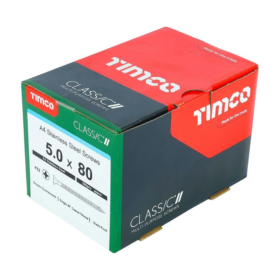 image 1 of Timco - Classic Multi-Purpose Screws - PZ - Double Countersunk - A4 Stainless Steel (Size 5.0 x 80 - 200 Pieces)
