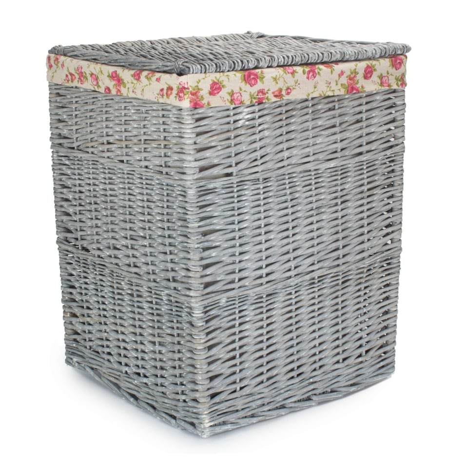 image 1 of Small Grey Wash Square Laundry Basket with Garden Rose Lining | Grey | Rose