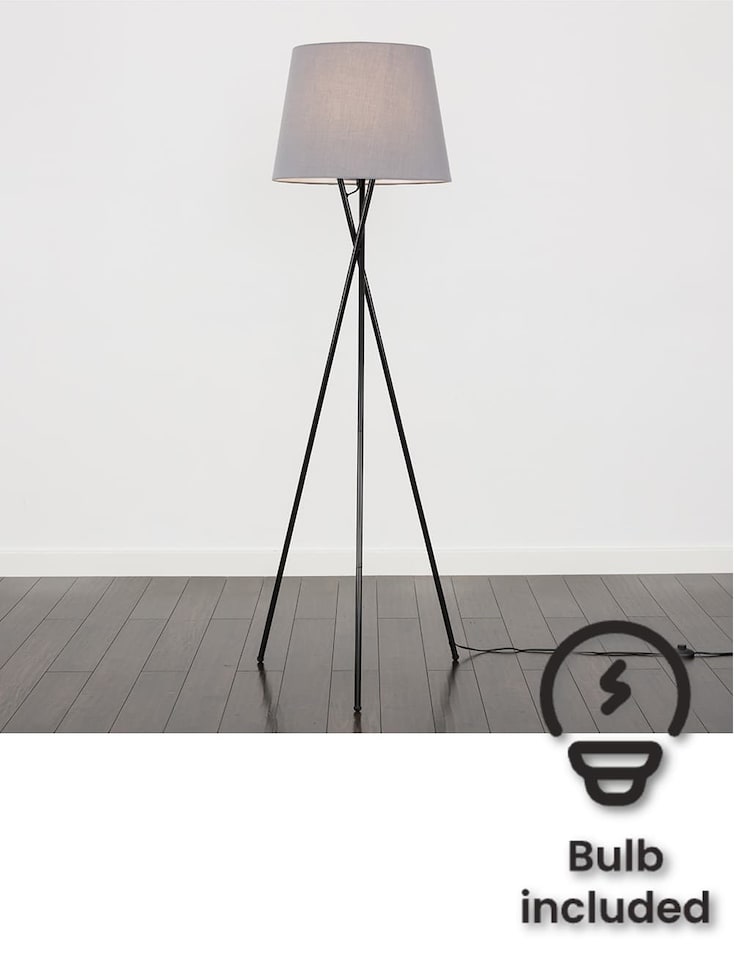image 1 of ValueLights Camden Black Tripod Floor Lamp Grey Taper Shade & Bulb | Grey