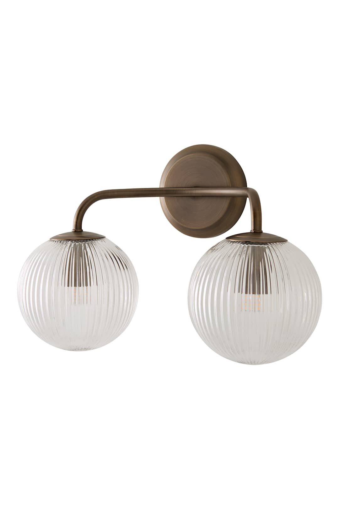 ValueLights Kempton Brass Ribbed Glass 2 Arm Wall Light and Bulbs