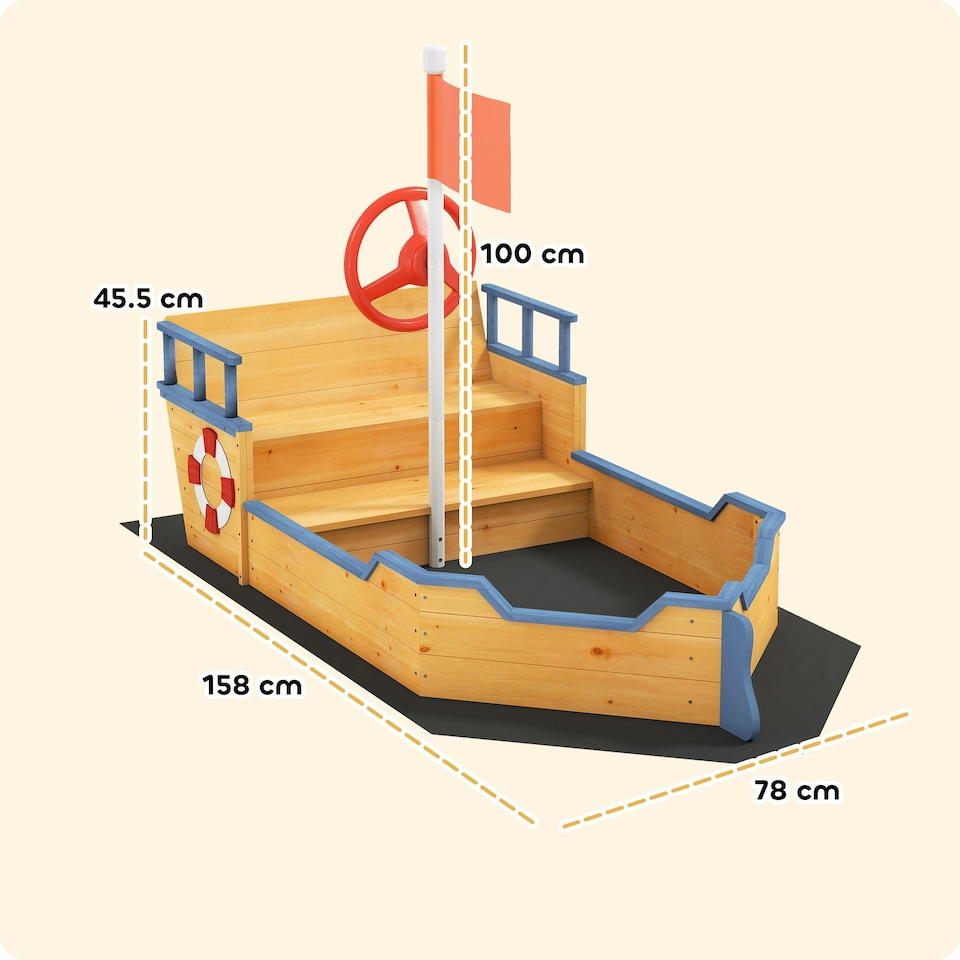 image 1 of Outsunny Kids Wooden Sandbox Pirate Ship Sandboat w/ Bench Seat Storage Space