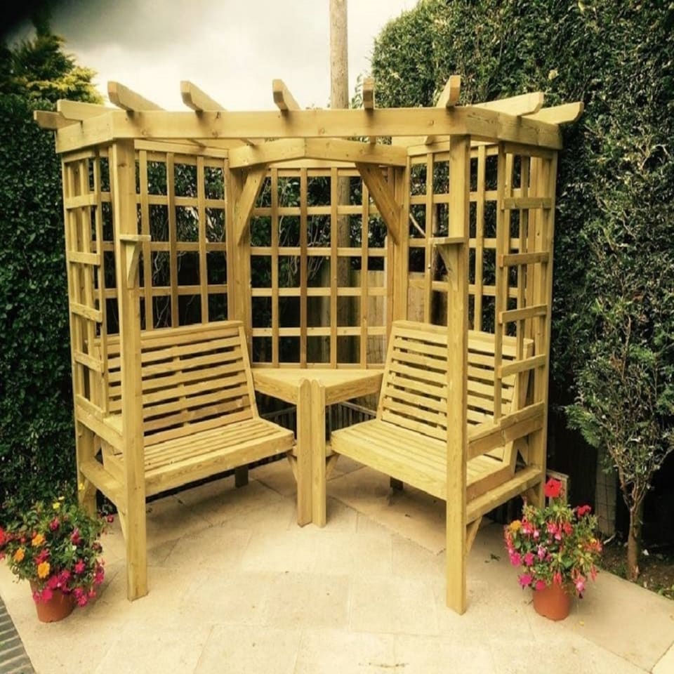 image 1 of Clementine Corner Garden Arbour - 4 Seat, Timber Pergola - 2 Bench & Coffee Table - L150 x W290 x H205 cm - Min. Assembly Required