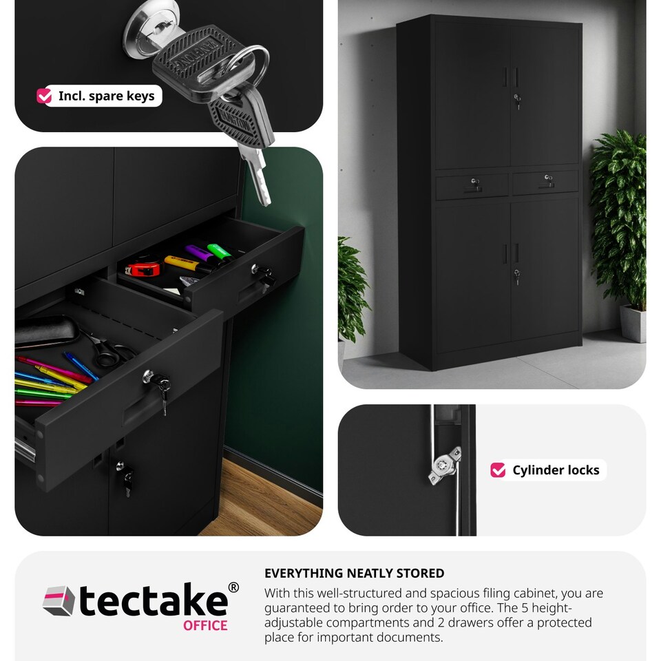 image 1 of Filing Cabinet Cosmo - 2 drawers, 5 adjustable shelves, 180 x 80 x 40 cm Black