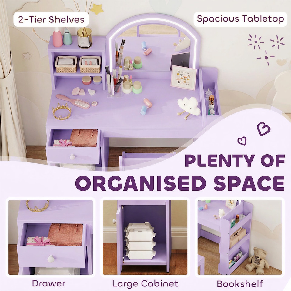 image 1 of AIYAPLAY Girls Dressing Table with 2-Colour LED Mirror and Stool, Purple