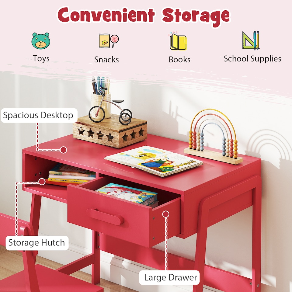 image 1 of COSTWAY Kids Desk and Chair Set with Drawer Pink