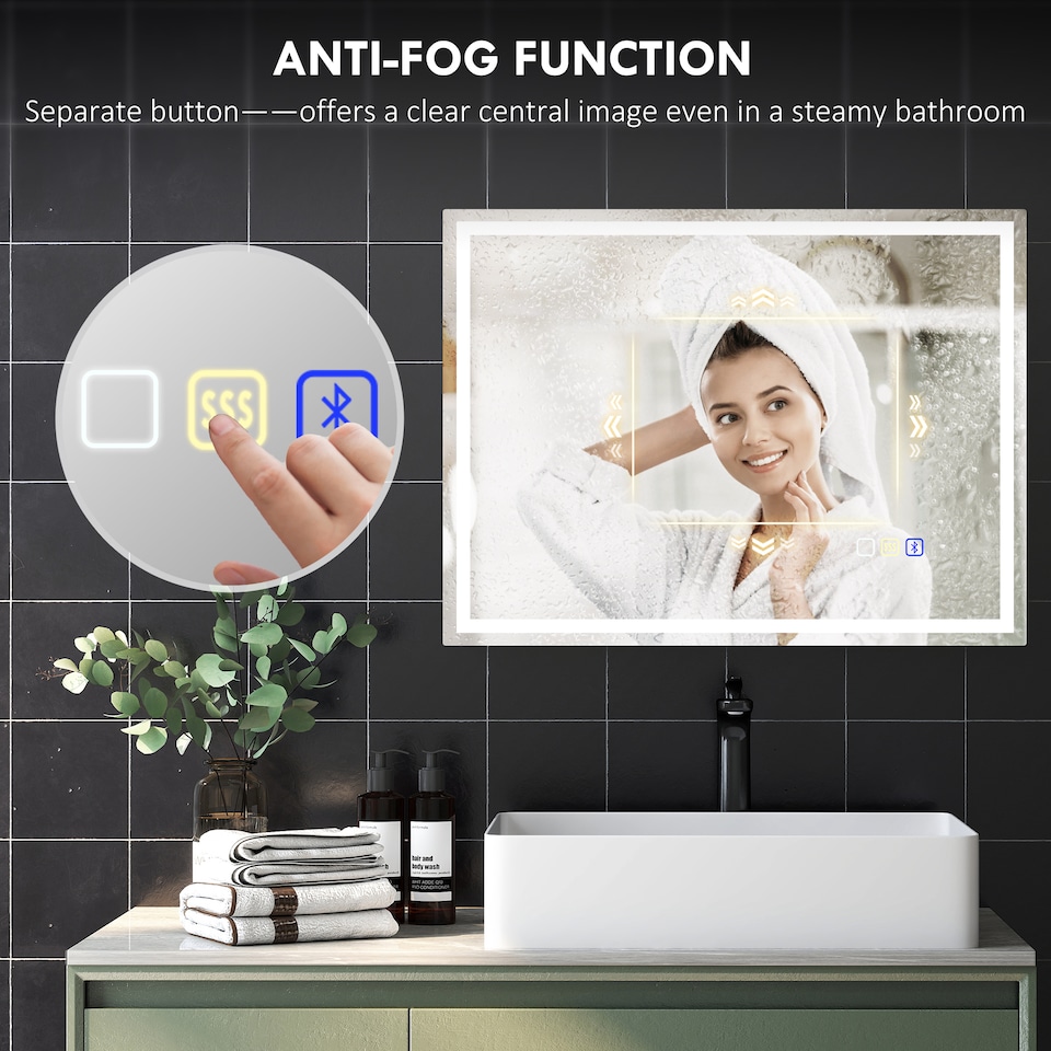 image 1 of HOMCOM 600 x 800 mm Bathroom Mirror with Bluetooth Clock Lights Demister Pad | Silver